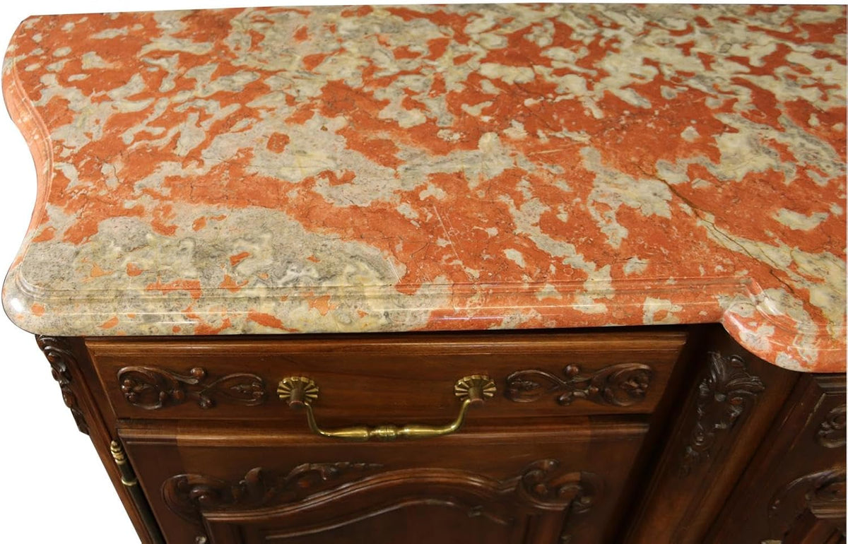 Red Pink Marble Top Carved Walnut Sideboard S593