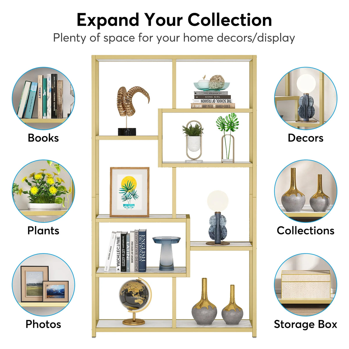 Modern 8-Open Shelf White Gold Bookcase Y99854
