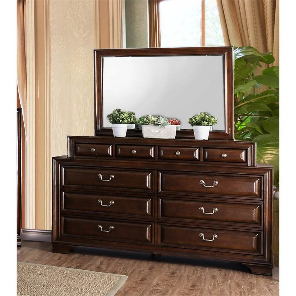Solid Wood 10-Drawer Dresser and Mirror in Cherry I970