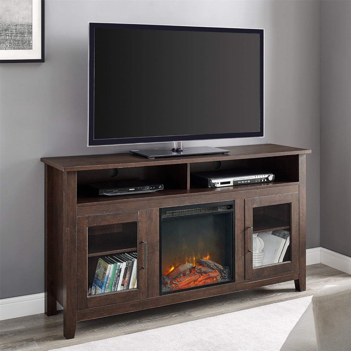 Black 58 Inch Wood and Glass Fireplace TV Stand O93260