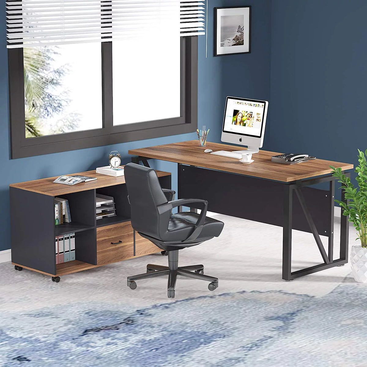 L-Shaped Computer Desk with File Cabinet and Storage Shelves V310