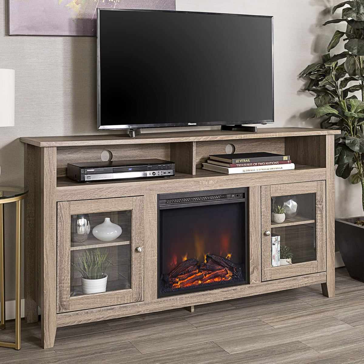 Black 58 Inch Wood and Glass Fireplace TV Stand O93260