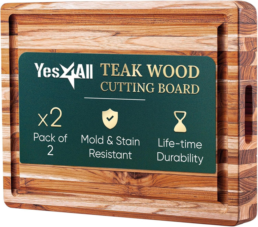 Set of 2 Teak Wood Cutting Board with Juice Groove and Handles - 17 inches + 20 inches X1110