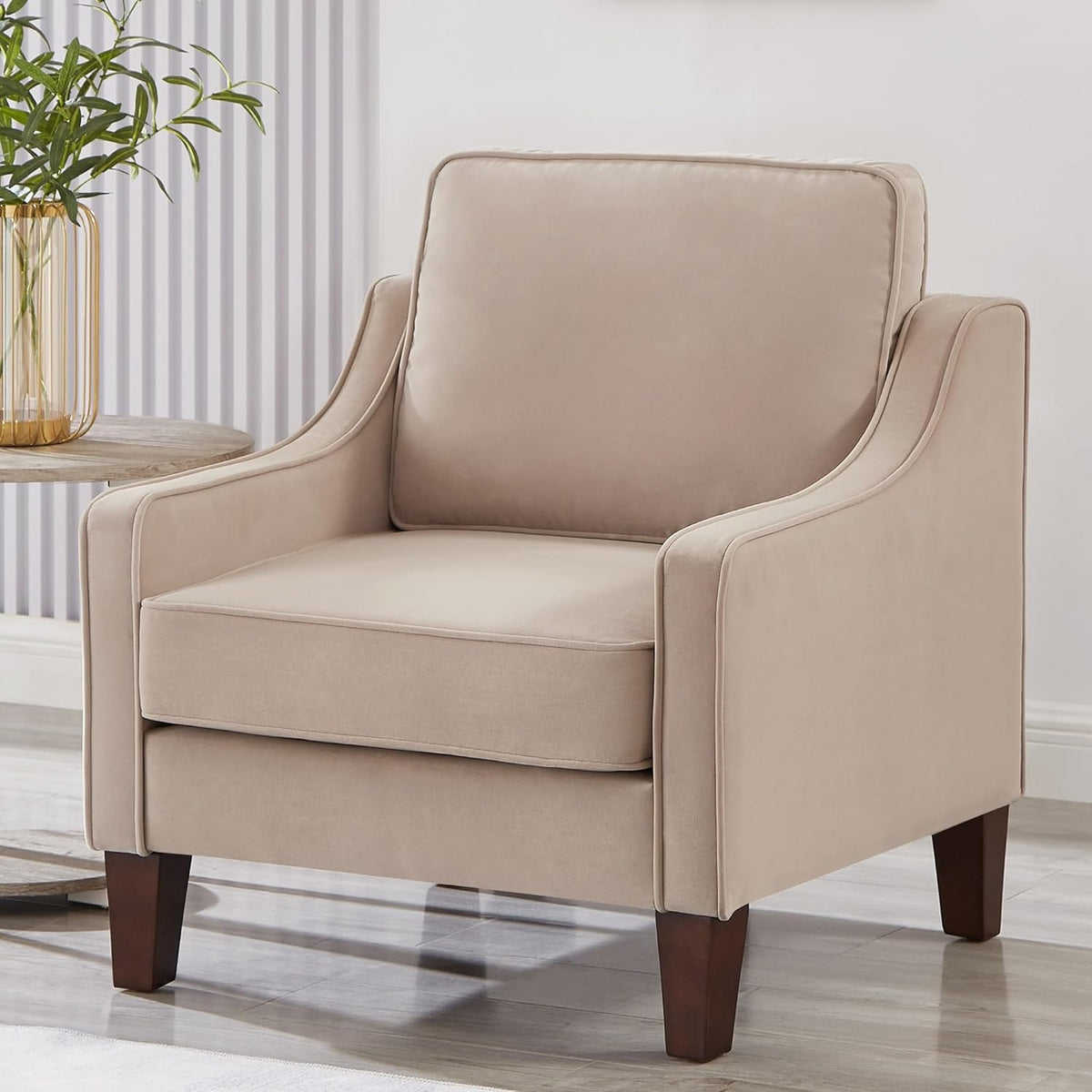 Taupe Velvet Accent Chair with Wooden Legs W758452