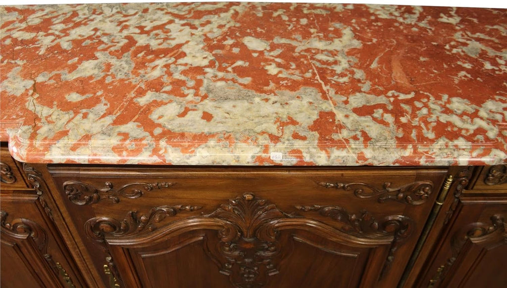 Red Pink Marble Top Carved Walnut Sideboard S593