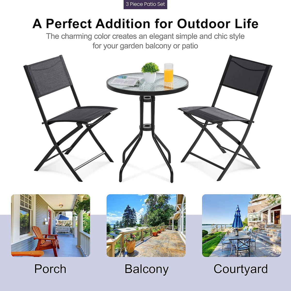 3 Piece Steel Textilene Folding Patio Bistro Set with Glass Table V850