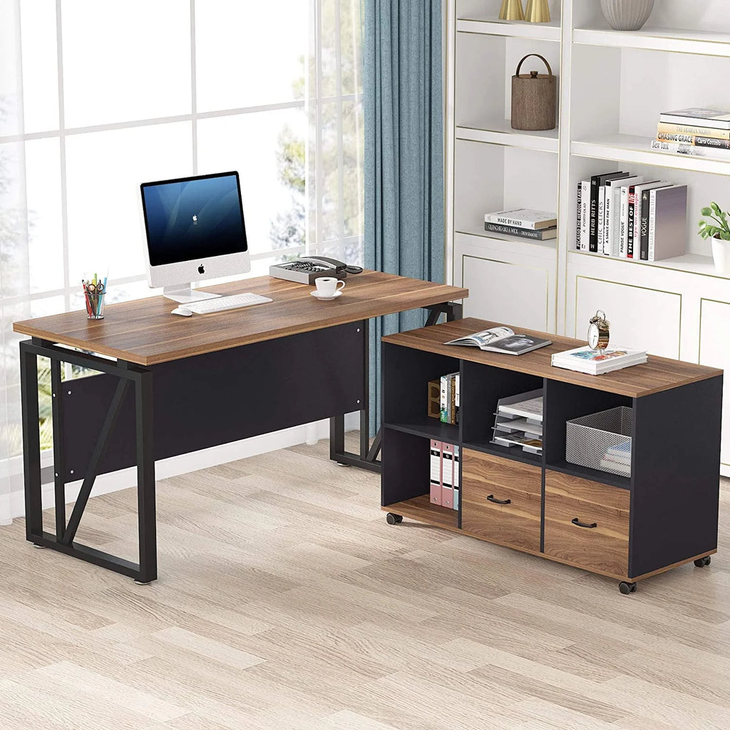 L-Shaped Computer Desk with File Cabinet and Storage Shelves V310