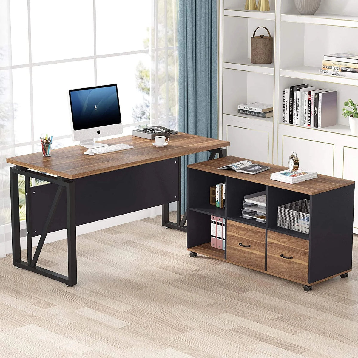 L-Shaped Computer Desk with File Cabinet and Storage Shelves V310