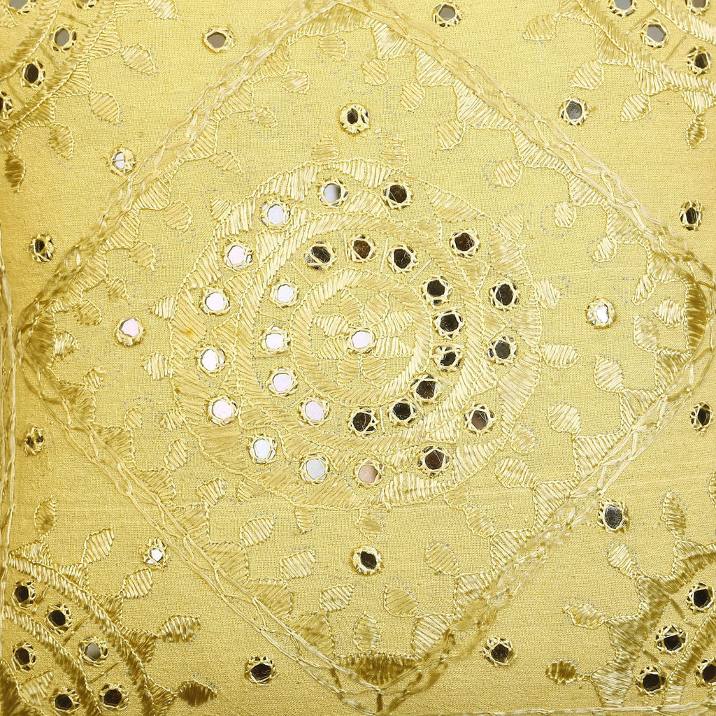 Mustard Yellow Hand Embroidered Cotton Cushion Covers Set Of 5 I29914