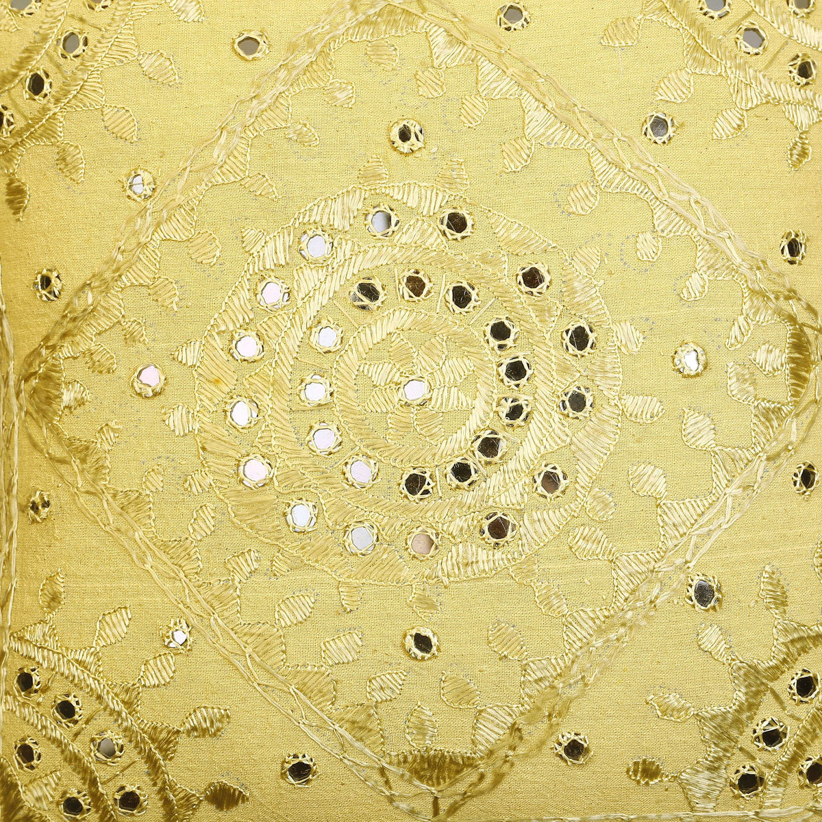 Mustard Yellow Hand Embroidered Cotton Cushion Covers Set Of 5 I29914