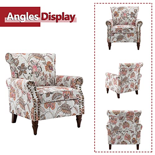 Blue Floral Pattern Upholstered Accent Chair with Wood Legs O211