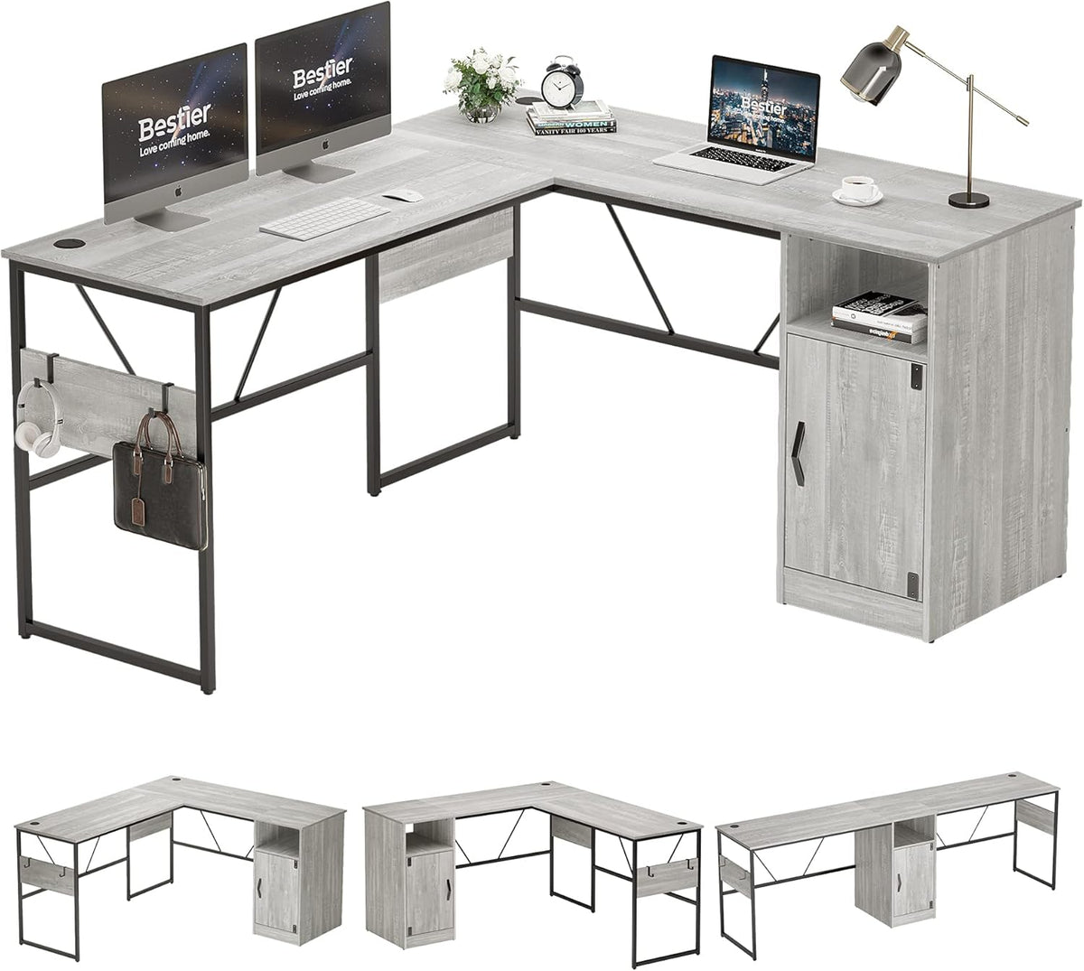 L Shaped Desk with Storage Cabinet 60 Inch White Wash I9921