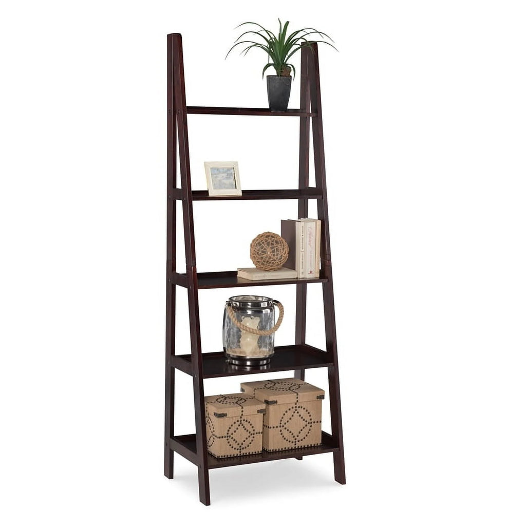 5-Shelf Wood Ladder Bookshelf in Espresso R4030