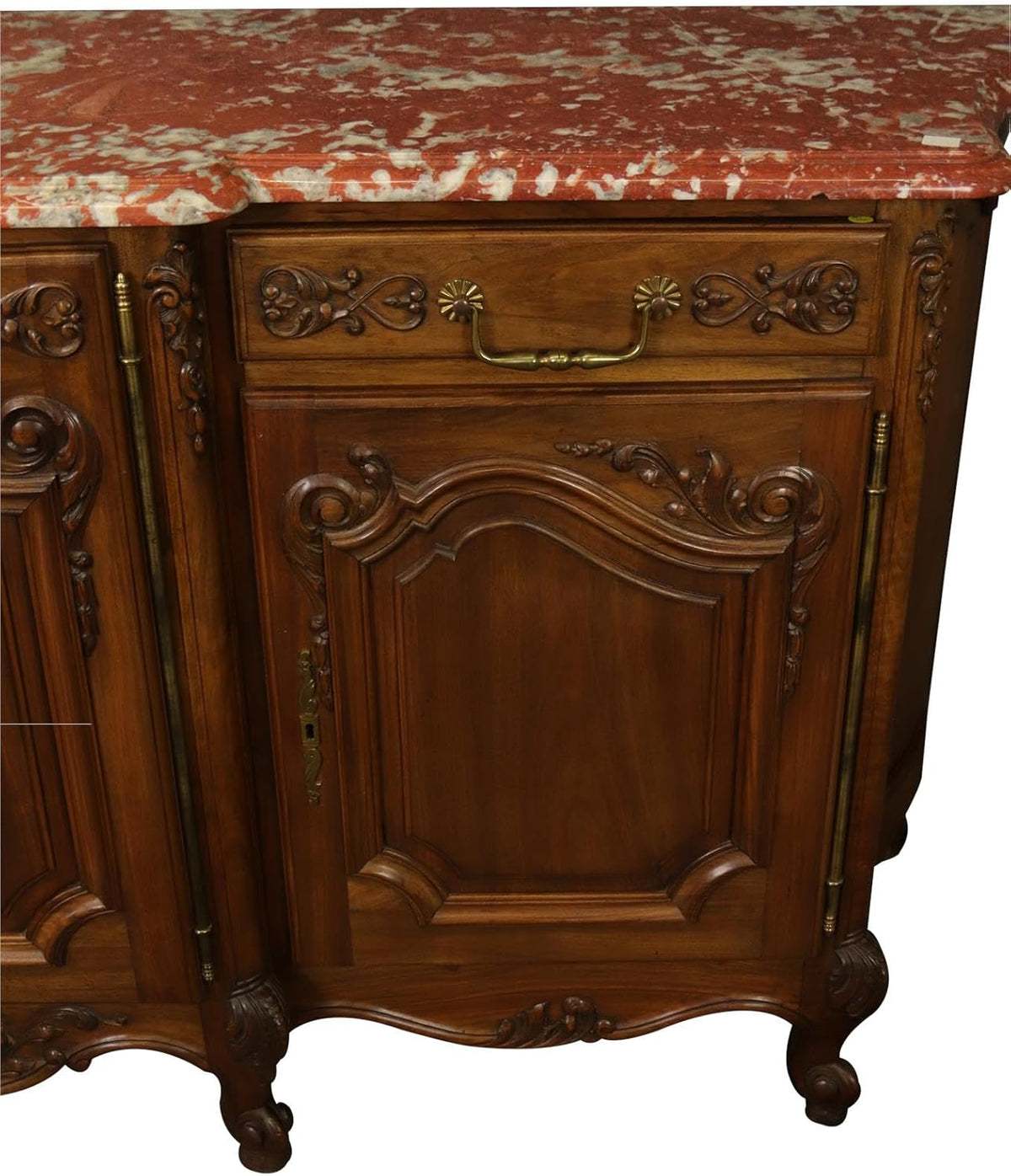 Red Pink Marble Top Carved Walnut Sideboard S593