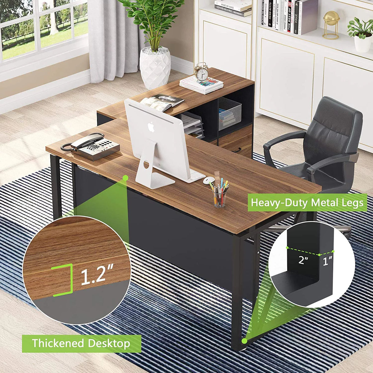 L-Shaped Computer Desk with File Cabinet and Storage Shelves V310
