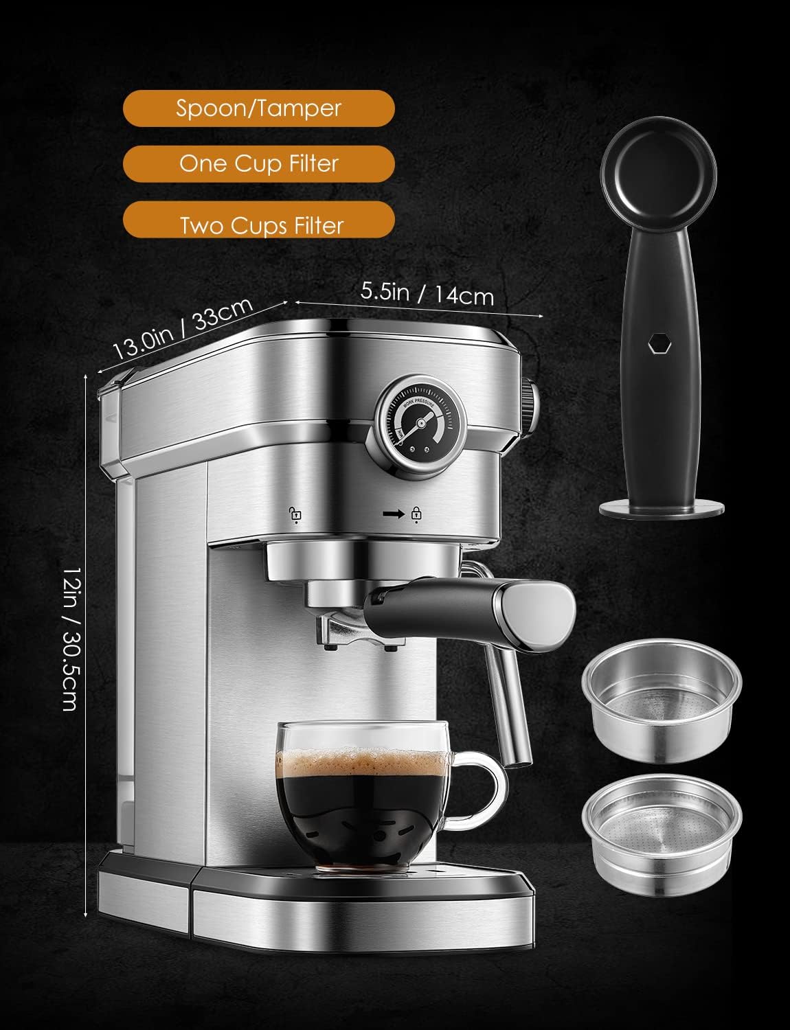 15 Bar Espresso and Cappuccino Maker with Milk Frother Wand W87594
