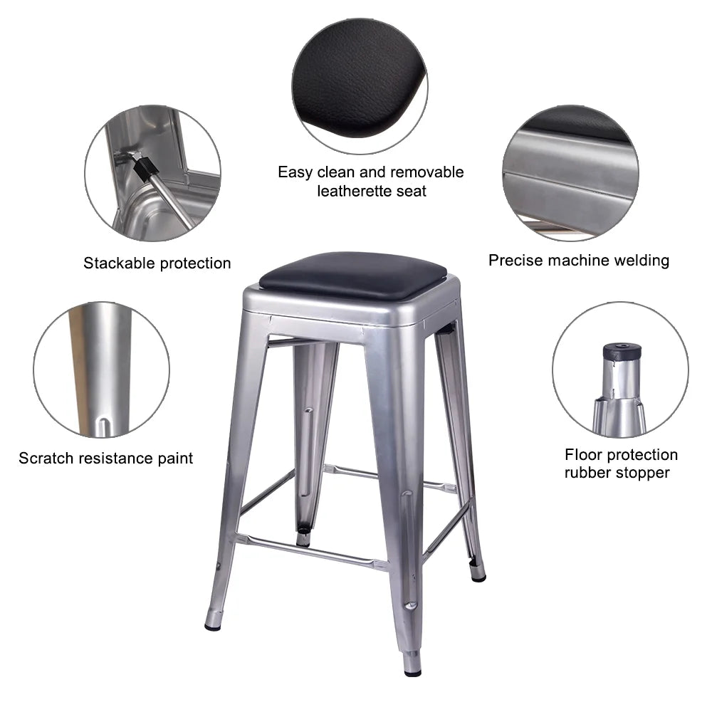 24 Inch Counter Height Backless Metal Stool with Vegan Leather Seat E33884