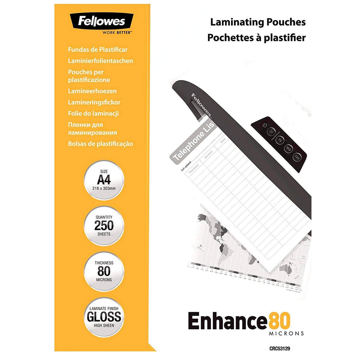 A4 Glossy 80 Micron Laminating Pouch 250-Pack Z54589