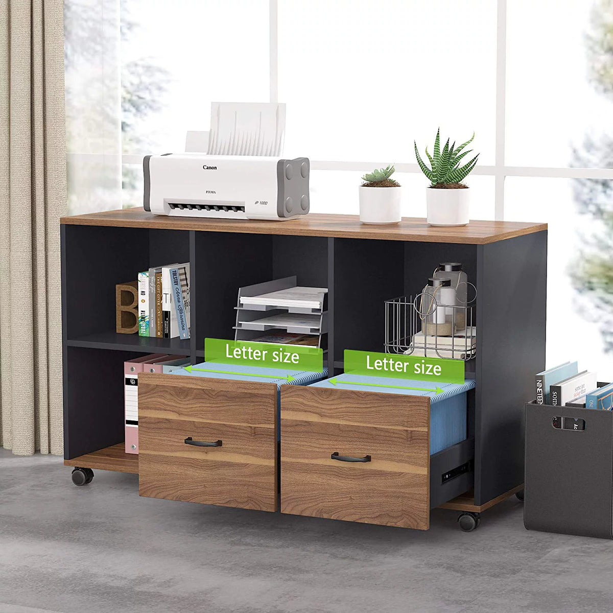 L-Shaped Computer Desk with File Cabinet and Storage Shelves V310