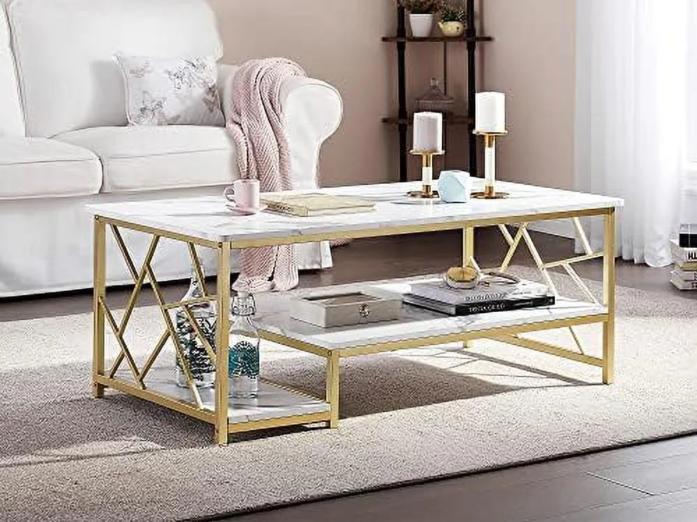 Marble Gold Mid Century Modern Rectangle Coffee Table with Shelf Q525