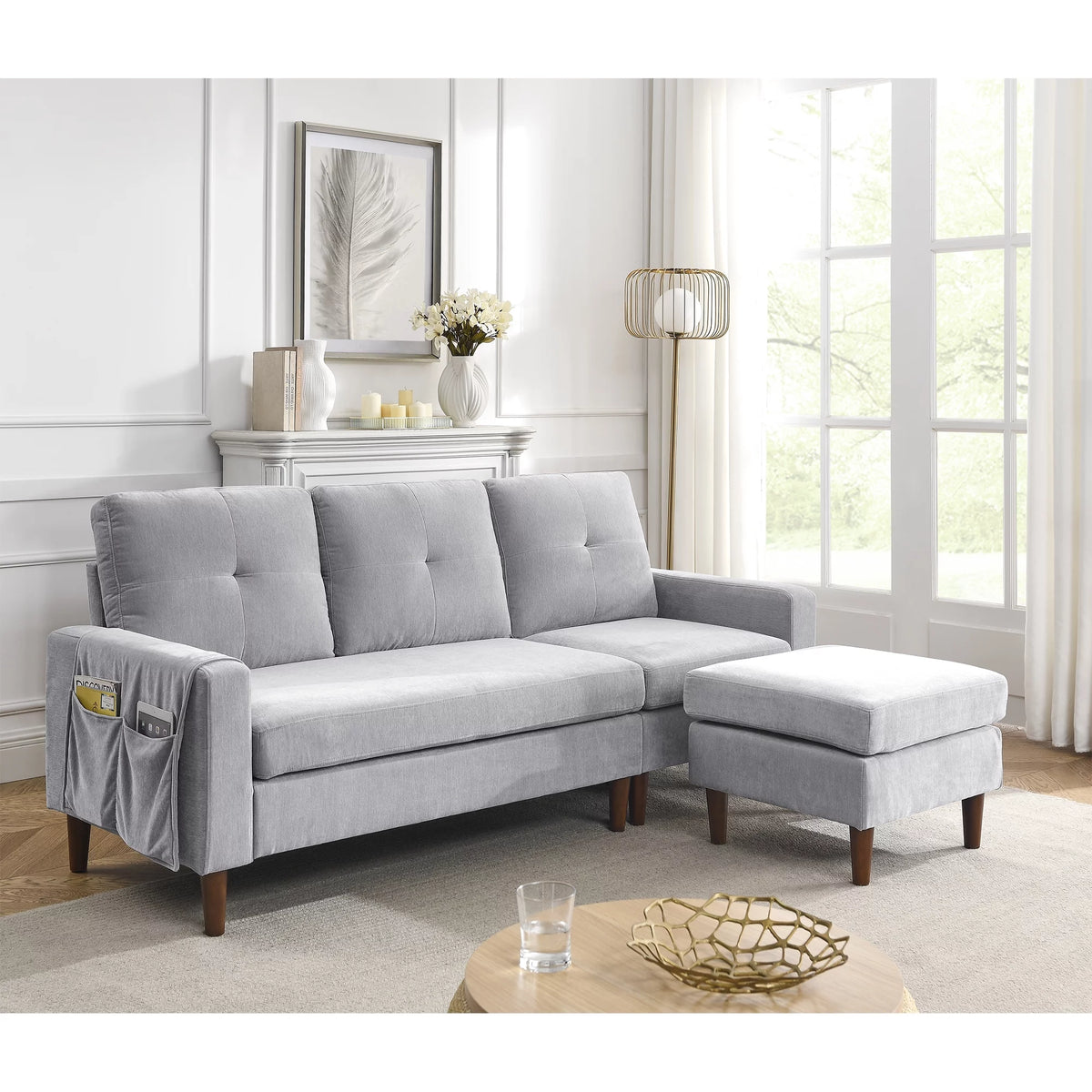 Light Grey Chenille Convertible Sectional Sofa S9051