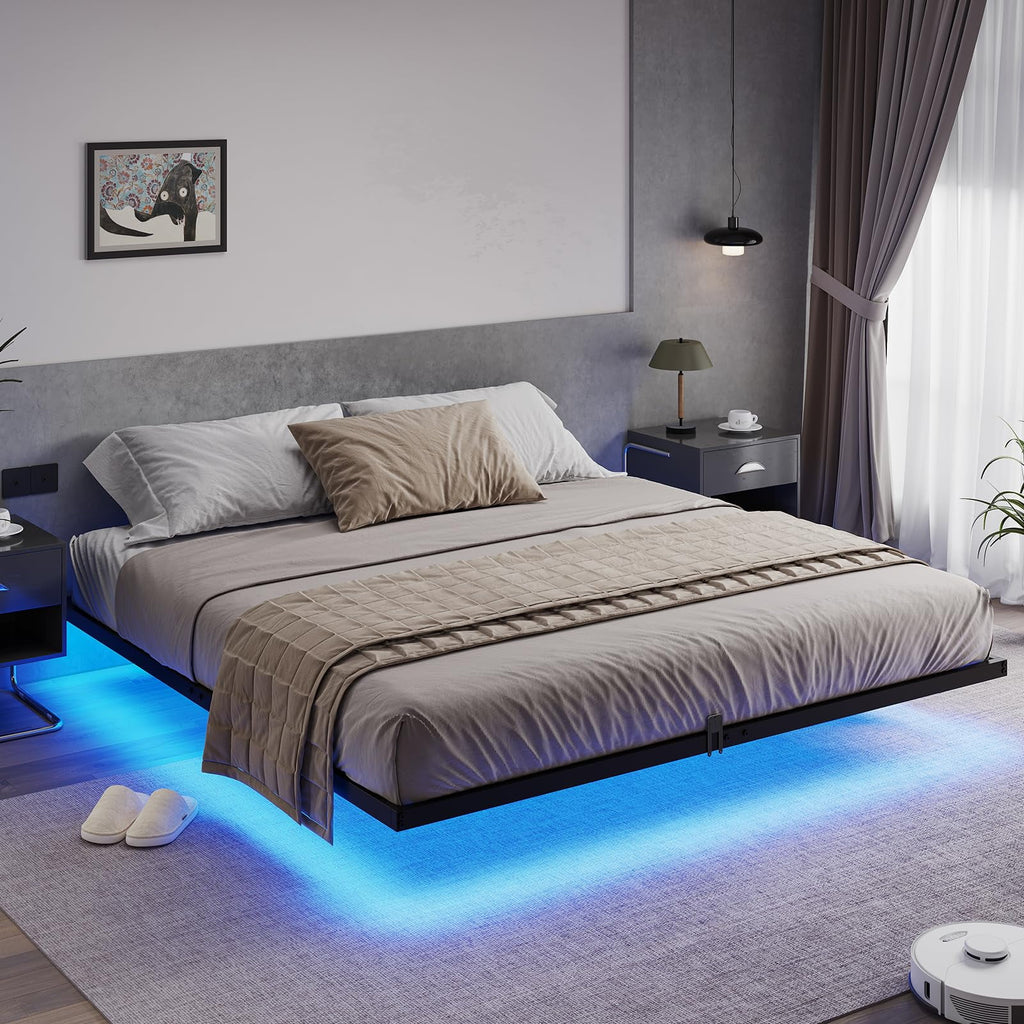 Queen Size Black Metal Platform Bed Frame with LED Lights E622