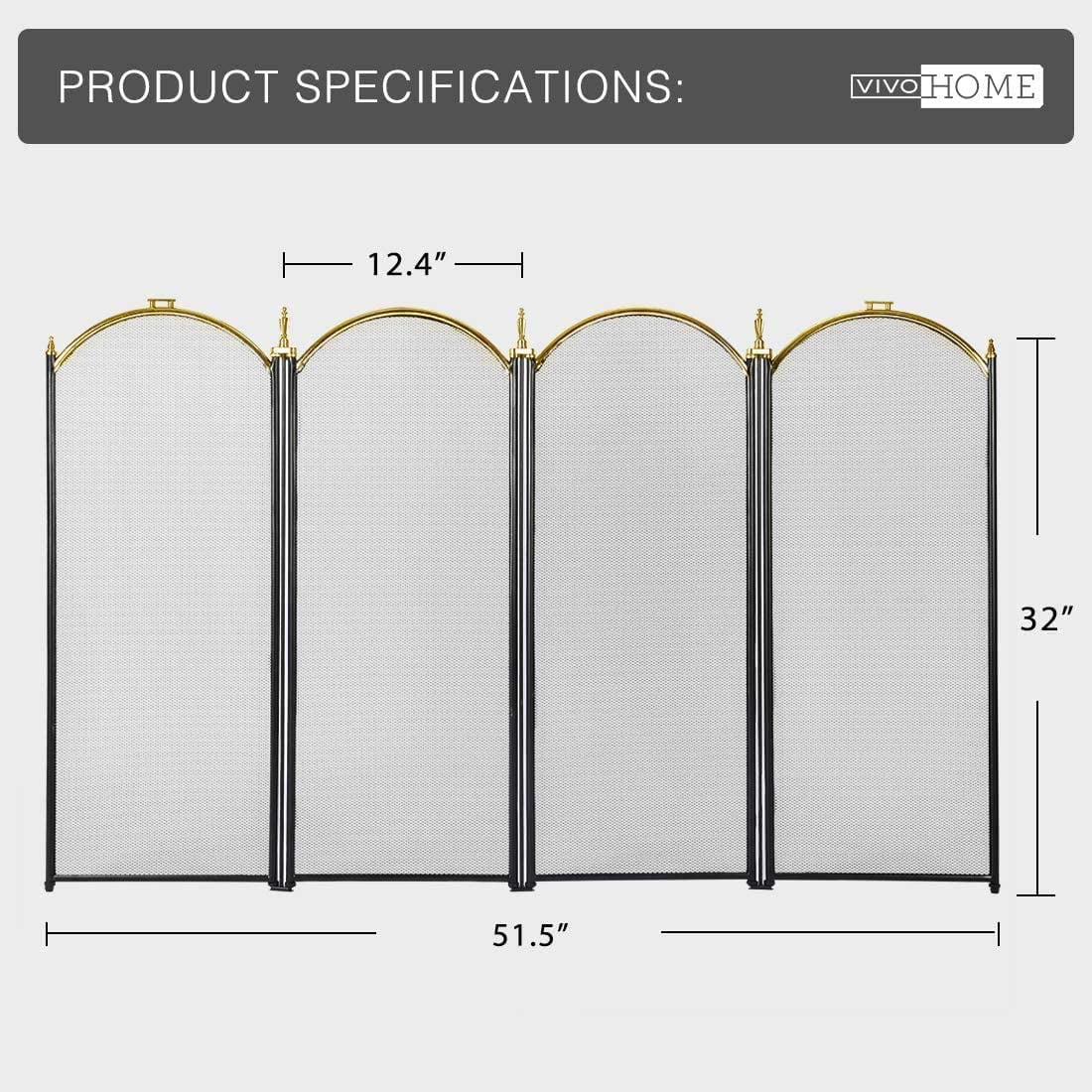 4 Panel 51.5 x 32 Inch Wrought Iron Black Fireplace Screen Mesh V90448