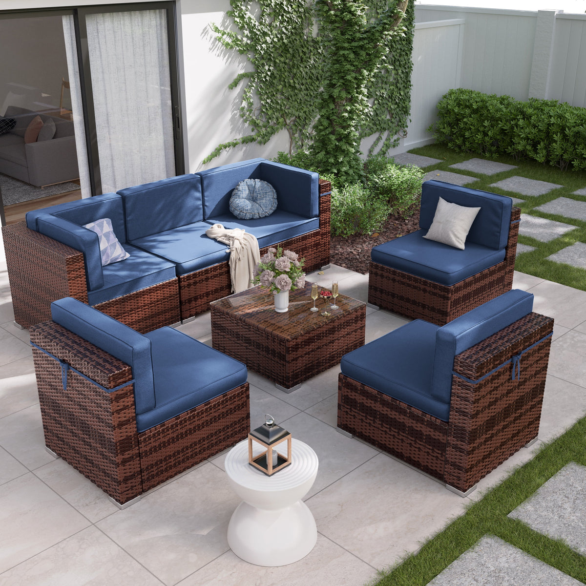 7 Pieces PE Rattan Wicker Patio Furniture Set with Glass Table N859