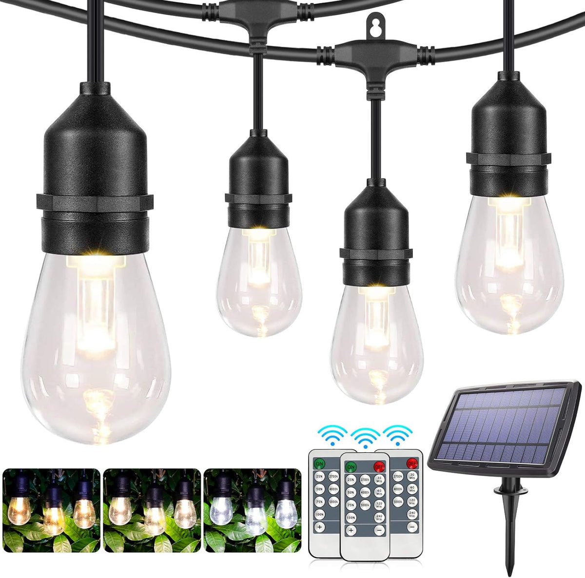 2 Pack 48FT 3-Color Solar String Lights with Remote, 30+5 Waterproof LED Bulbs D48532