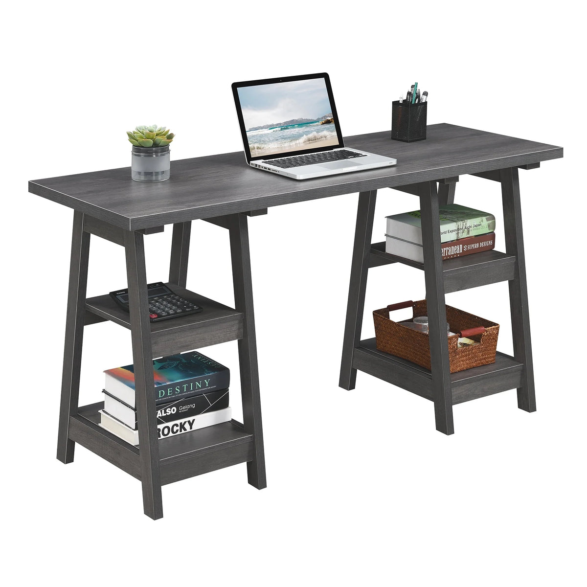 Charcoal Gray Desk with Shelves S42274