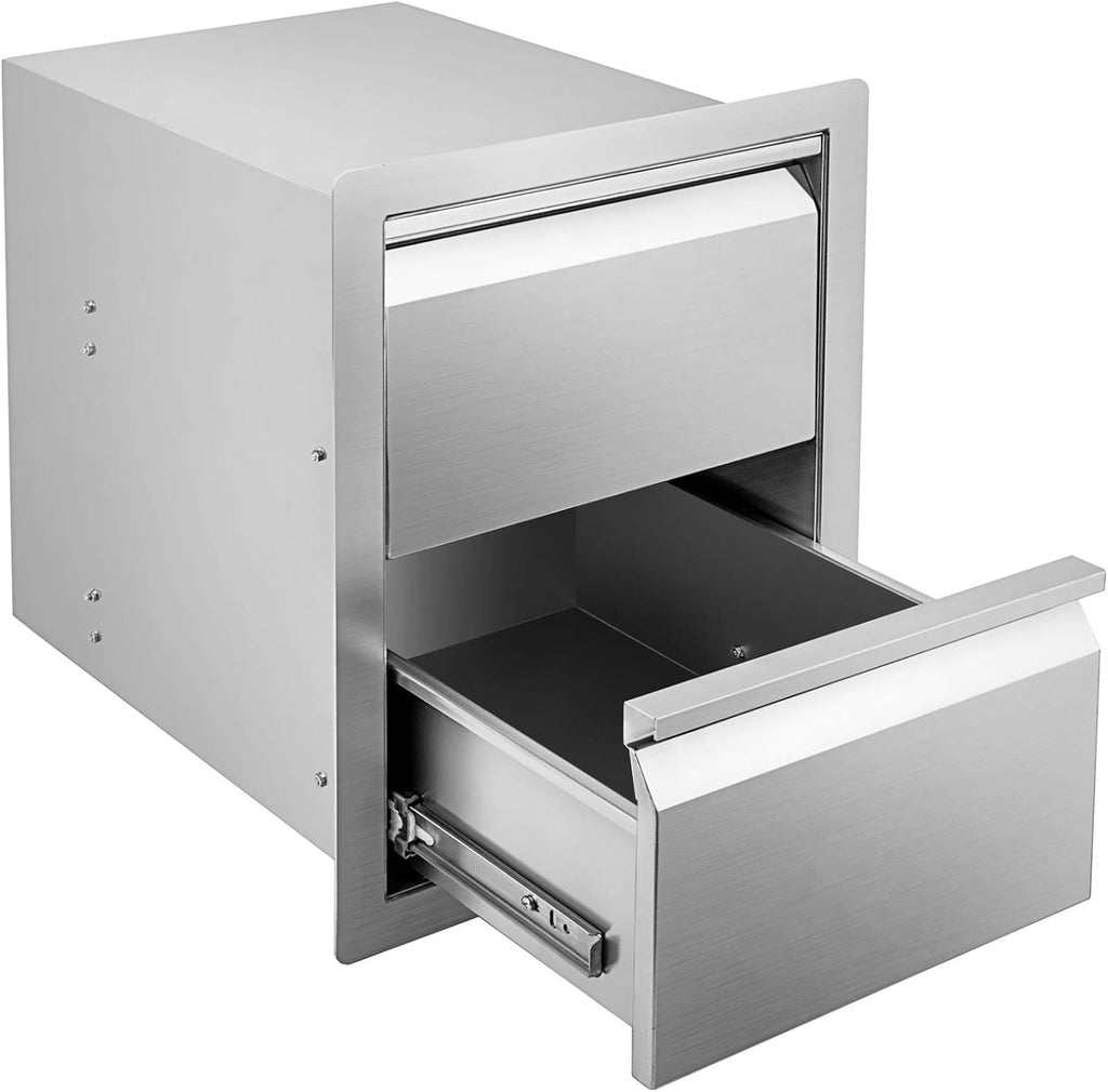 Stainless Steel Double Access BBQ Drawers Box Frame Style Flush Mount Outdoor Kitchen Storage Double Drawers R527141