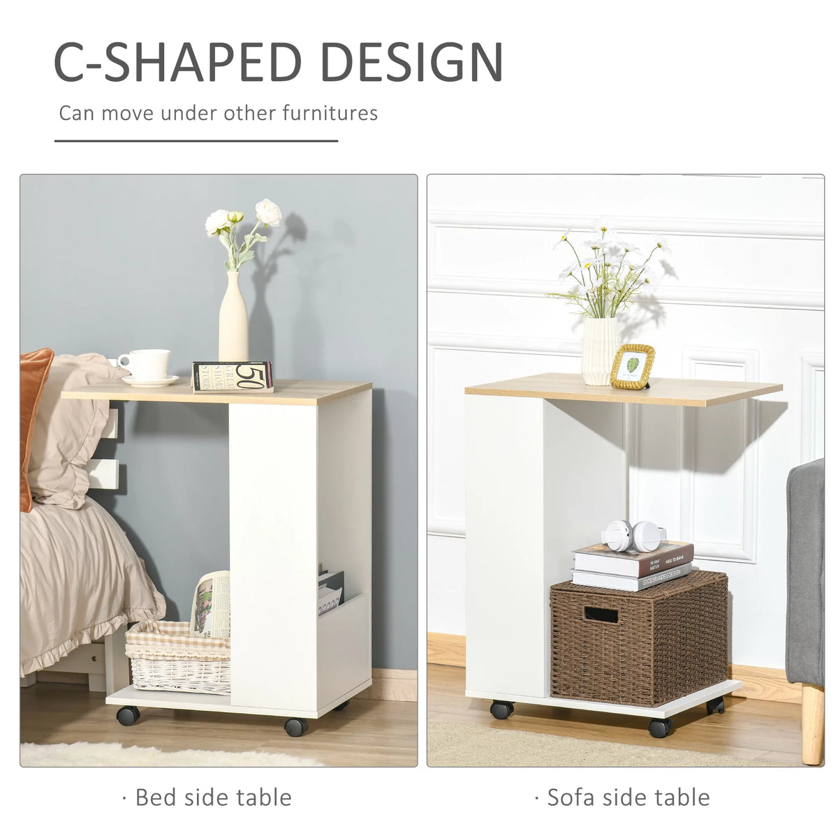 C-Shaped Sofa Side Table with Storage and Wheels I55770