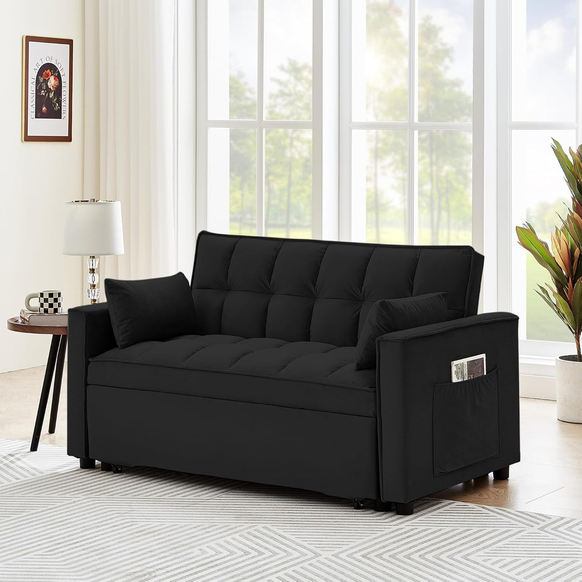 55" Full Size Velvet Convertible Futon Sofa Bed with Pullout Bed P546330