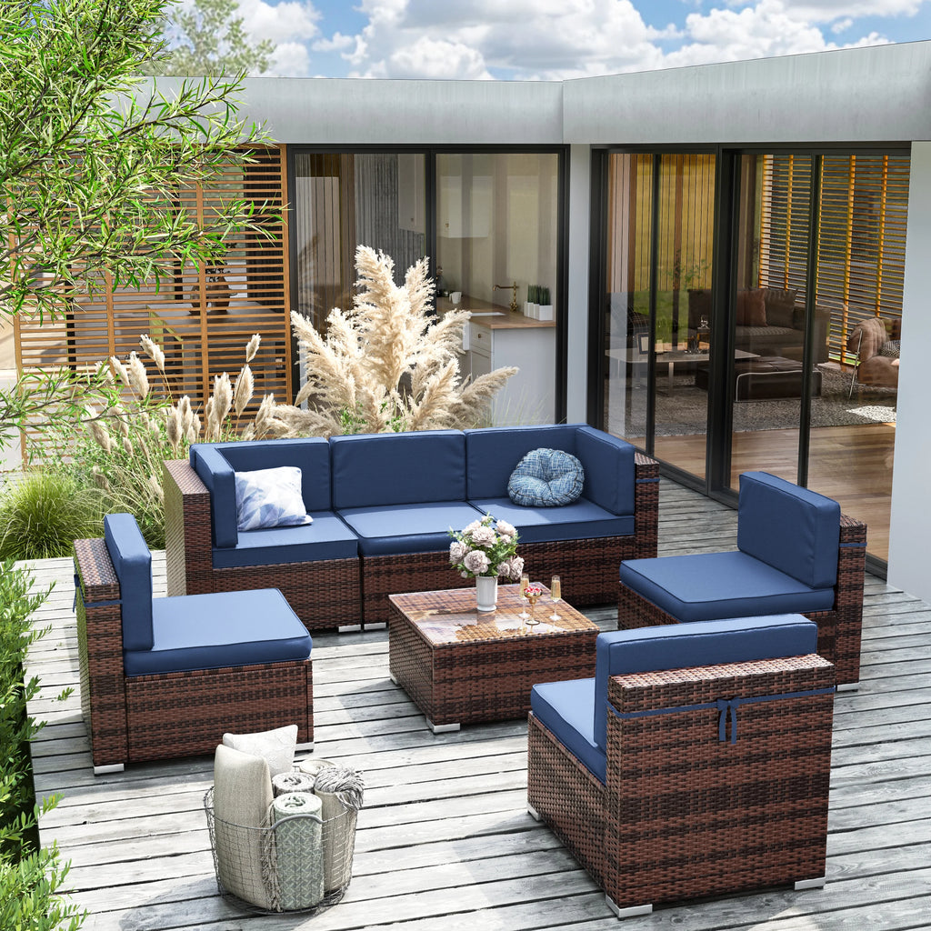 7 Pieces PE Rattan Wicker Patio Furniture Set with Glass Table N859