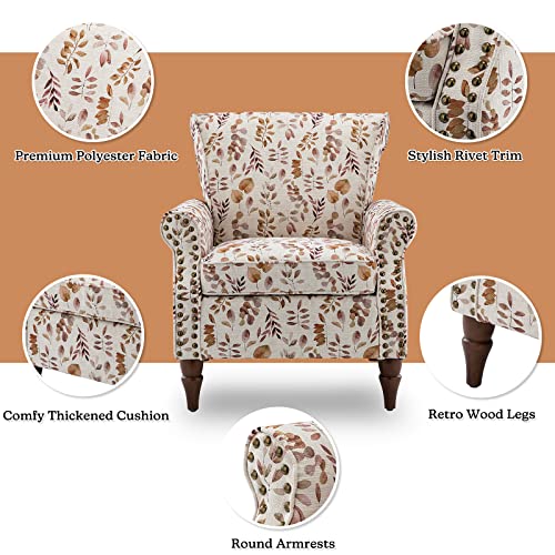 Blue Floral Pattern Upholstered Accent Chair with Wood Legs O211