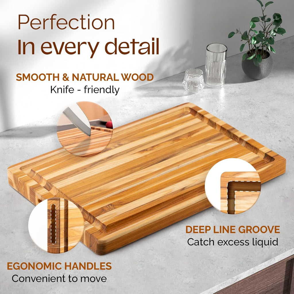 Set of 2 Teak Wood Cutting Board with Juice Groove and Handles - 17 inches + 20 inches X1110