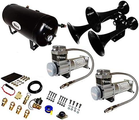 Chrome Three Trumpet Train Air Horn Kit with Dual 200 PSI Air Compressors D928807