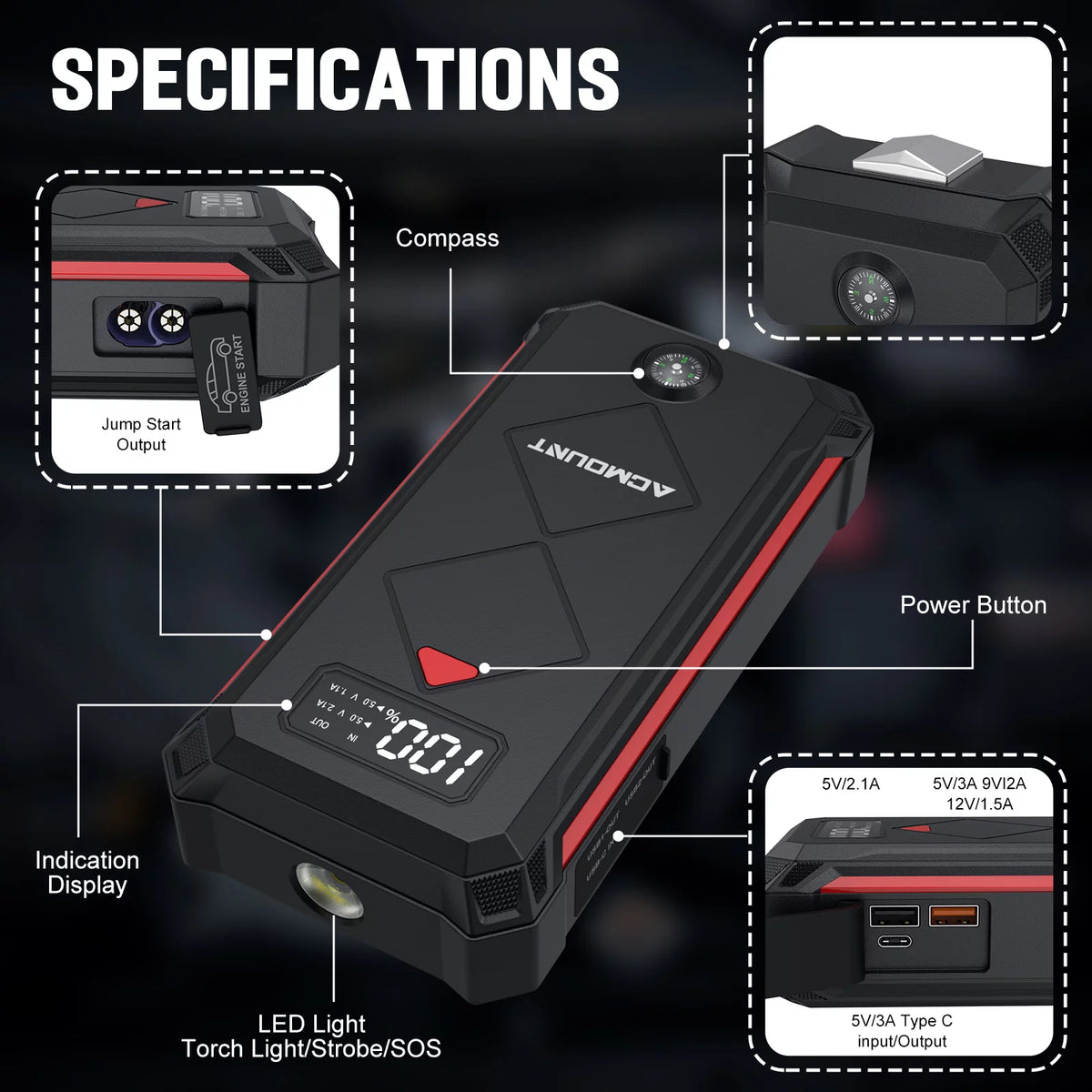 2000A 12V Portable Battery Jump Starter Box with LED Screen M7722
