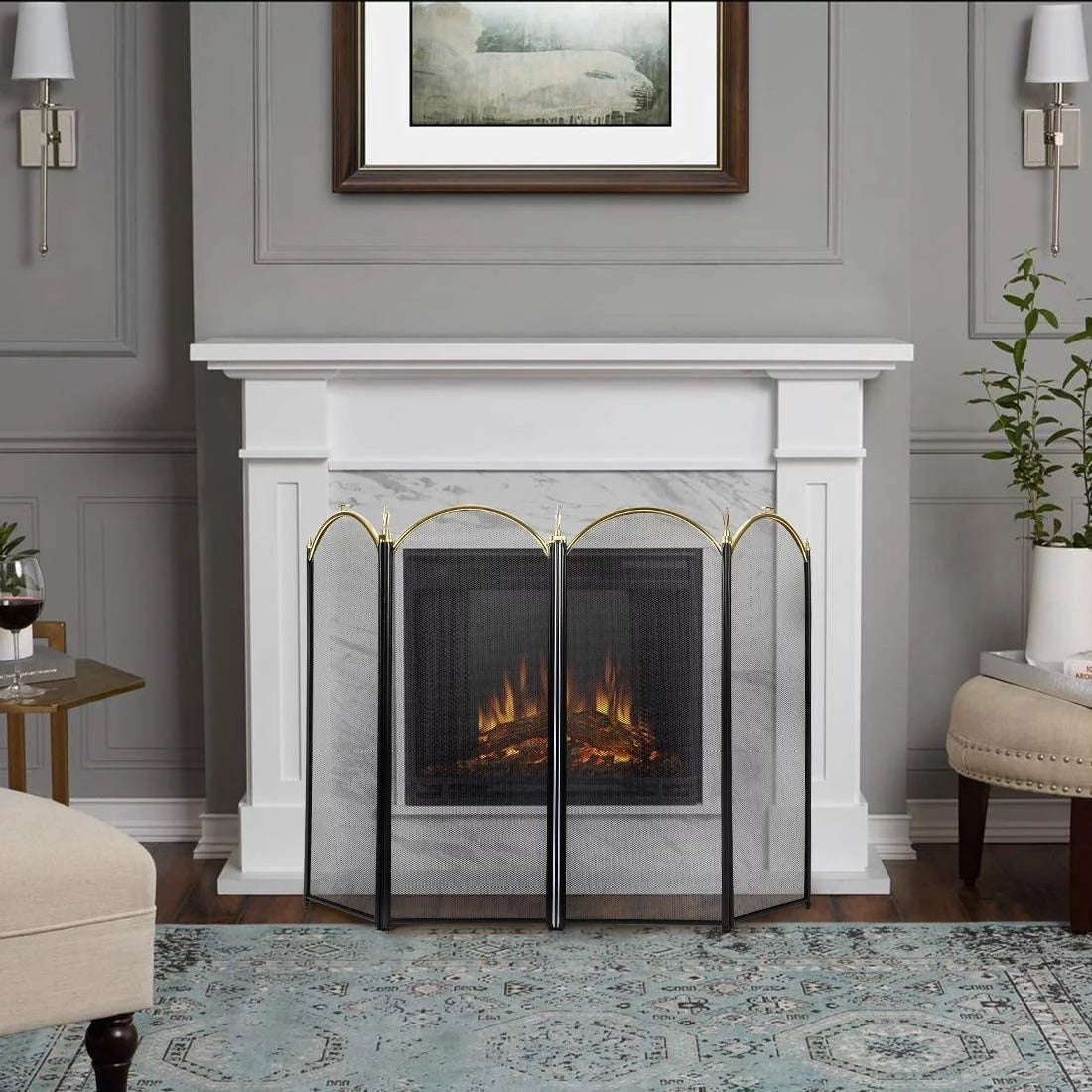 4 Panel 51.5 x 32 Inch Wrought Iron Black Fireplace Screen Mesh V90448