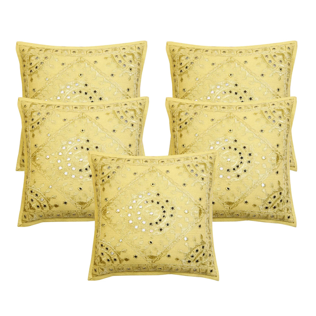 Mustard Yellow Hand Embroidered Cotton Cushion Covers Set Of 5 I29914