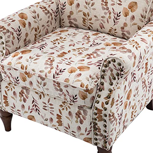 Blue Floral Pattern Upholstered Accent Chair with Wood Legs O211