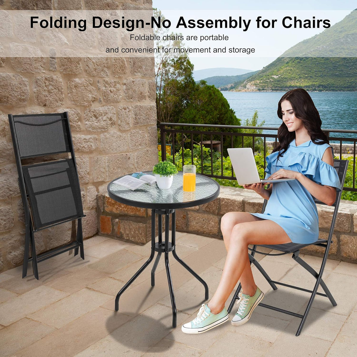 3 Piece Steel Textilene Folding Patio Bistro Set with Glass Table V850