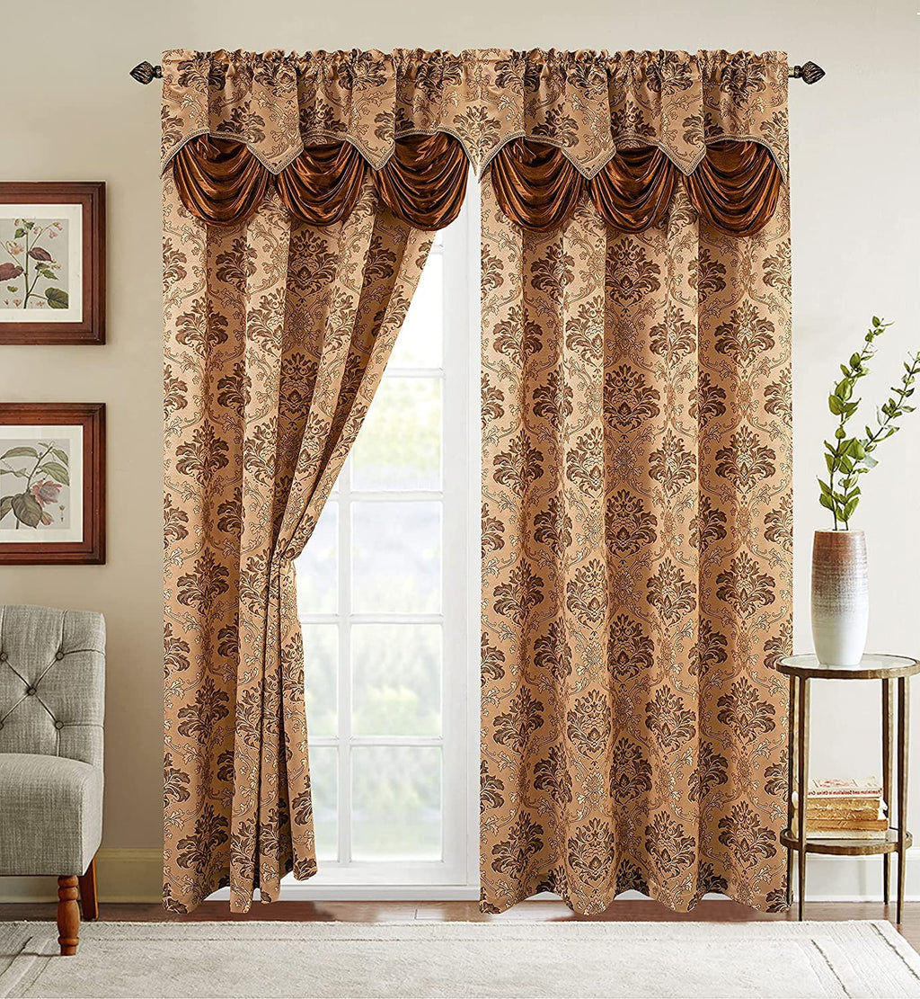 Curtain Window Panels with Attached Valance, Set of 2, 54 x 84 inch, Gold/Brown O83302