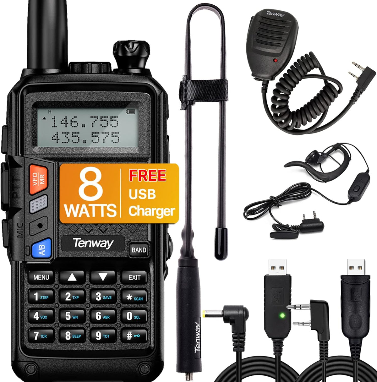 Black Dual Band Portable Two Way Radio with Antenna and USB Charging Cable K98454