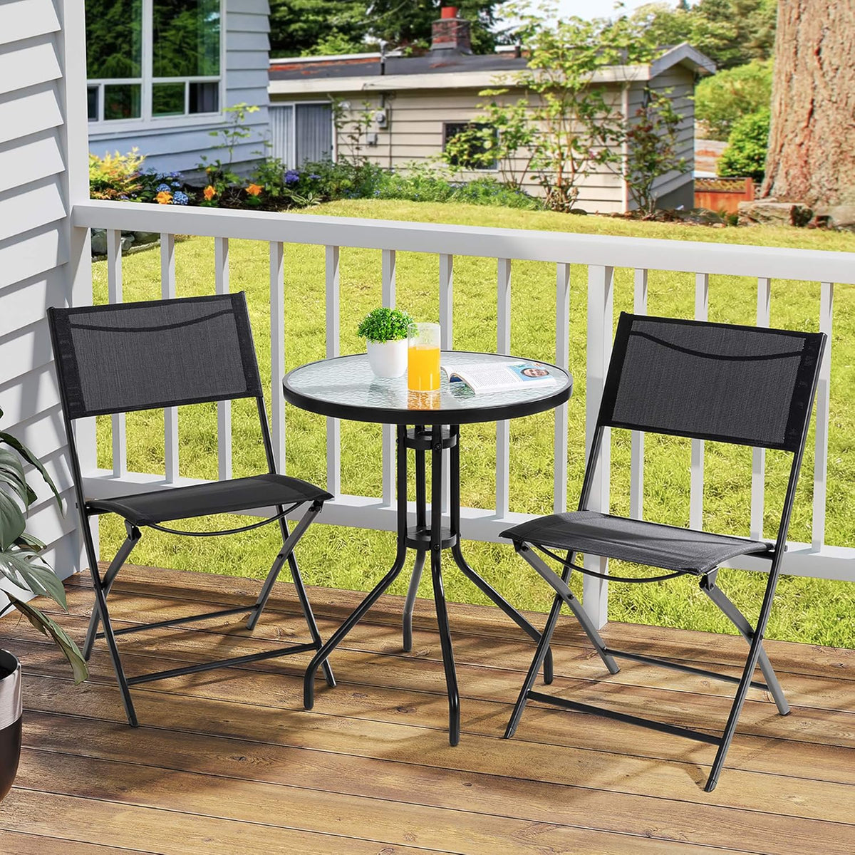 3 Piece Steel Textilene Folding Patio Bistro Set with Glass Table V850