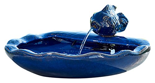 Ceramic Solar Koi Fountain, Blue Glazed Finish M3411