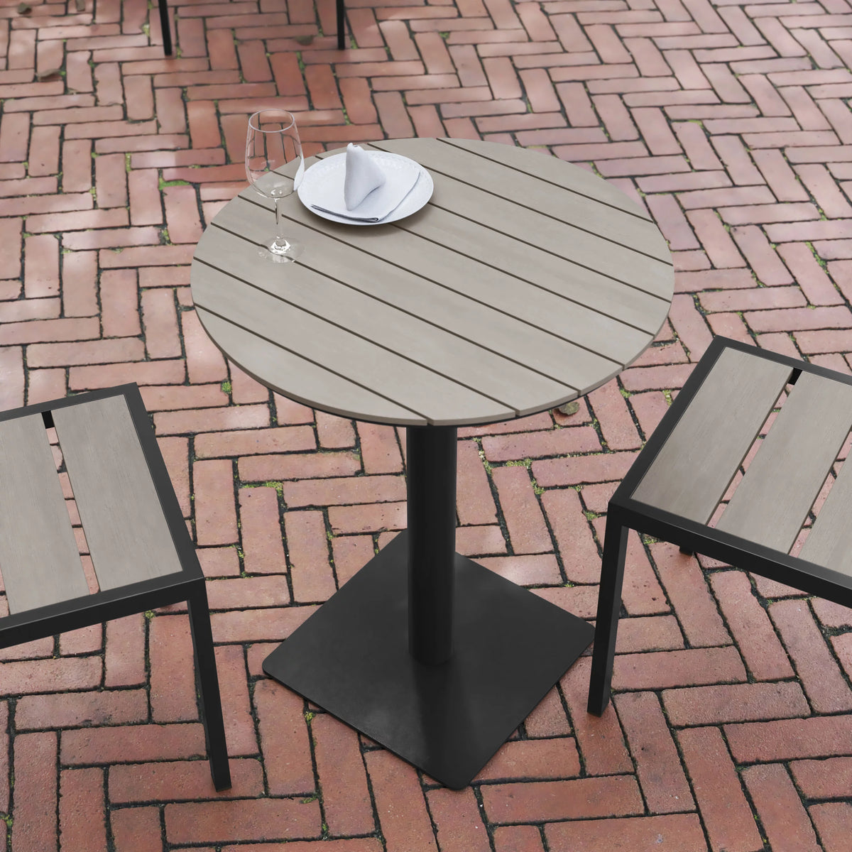 Round 24" Faux Teak Poly Slats Steel Frame Table T41230