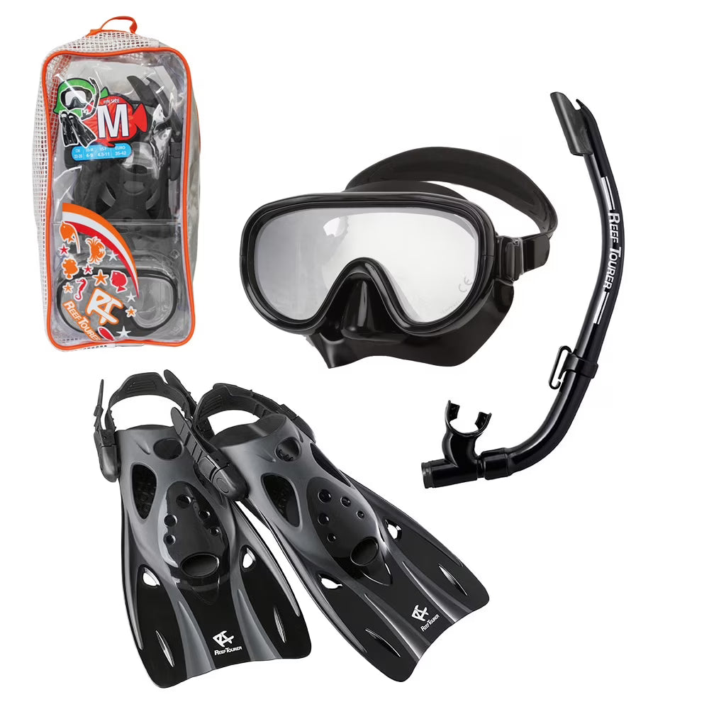 Snorkel and Fin Set with Travel Bag, Black, Medium A1078