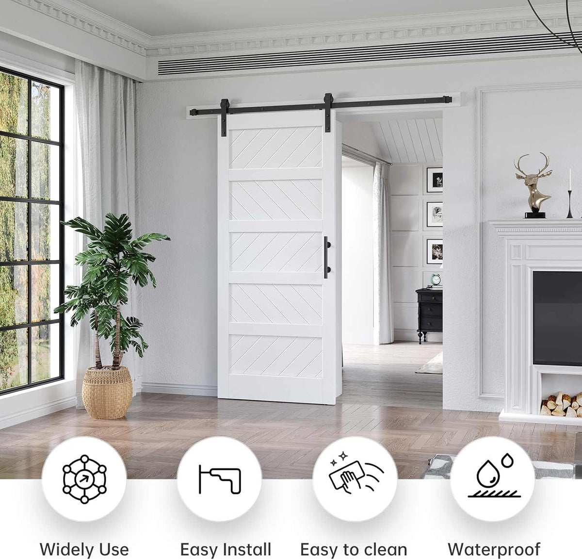 White Barn Door with Sliding Door Hardware Kit, Solid MDF Wood Slab with PVC Surface, 5-Panel G940384