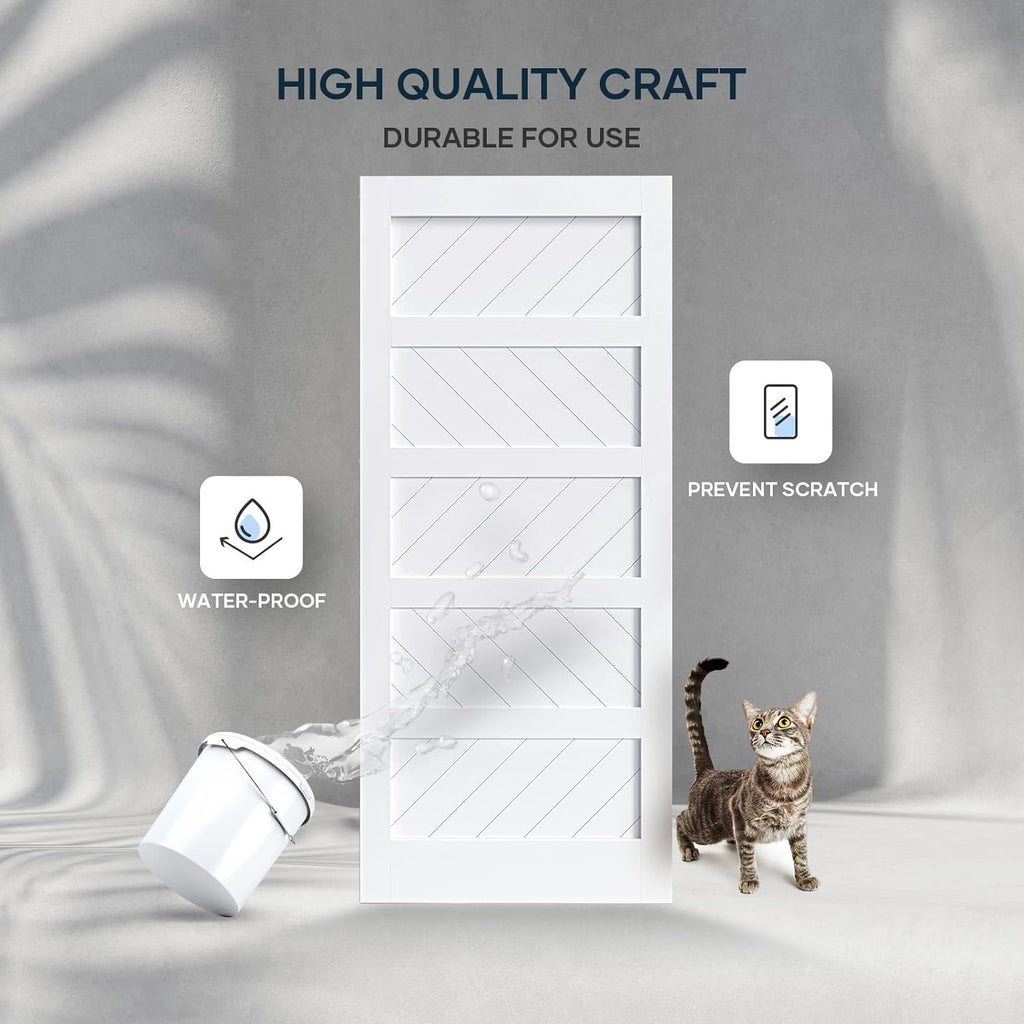 White Barn Door with Sliding Door Hardware Kit, Solid MDF Wood Slab with PVC Surface, 5-Panel G940384